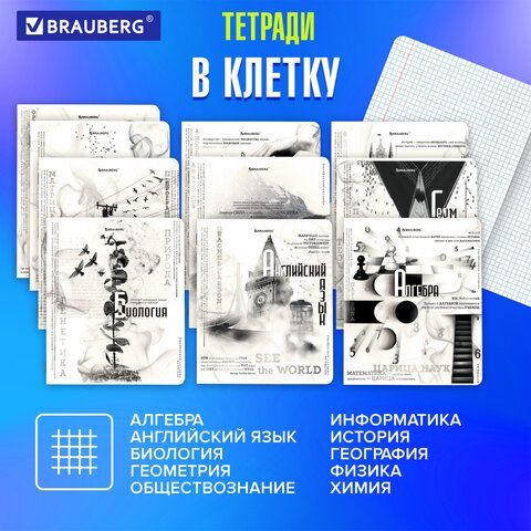 Тетради предметные, КОМПЛЕКТ 12 ПРЕДМЕТОВ, &quot;BLACK&amp;WHITE&quot;, 48 л., матовая ламинация, BRAUBERG, 404835