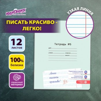 Тетрадь УЧУСЬ ПИСАТЬ №5 12л. узкая линия, со справочным материалом, обложка картон, ЮНЛАНДИЯ 20 шт., 404850