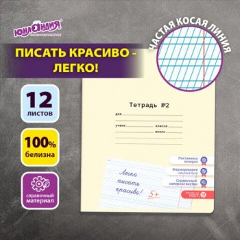 Тетрадь УЧУСЬ ПИСАТЬ №2 12л. частая косая линия, со справочным материалом, ЮНЛАНДИЯ 20 шт., 404852