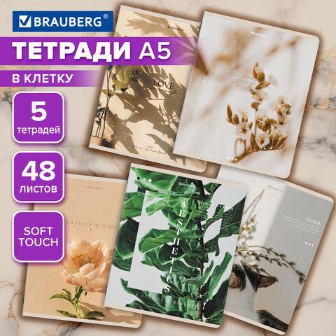 Тетради ДЭК А5 48 л. КОМПЛЕКТ 5 шт. BRAUBERG, скоба, клетка, SoftTouch, "ЭСТЕТИКА", 404949