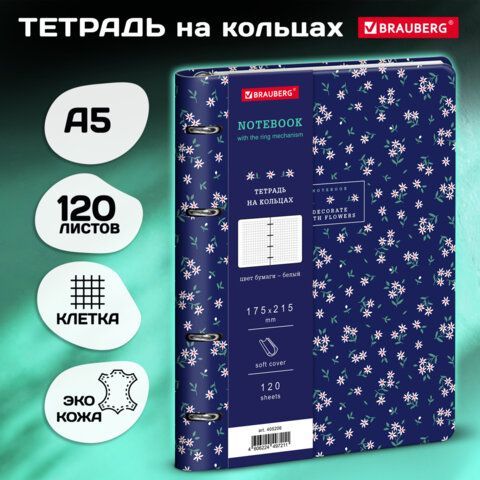 Тетрадь на кольцах А5 180х220, 120л, под кожу, BRAUBERG VISTA, Минимализм, 405206