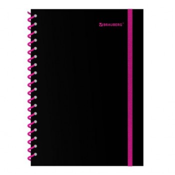 Тетрадь обложка пластик, А5 80л. спираль пластик, резинка, клетка, BRAUBERG, черный/розовый, 405384