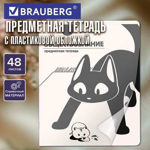 Тетрадь предметная КОТ-НЕПОСЕДА 48л, пластиковая обложка, ОБЩЕСТВОЗНАНИЕ, клетка, подсказ, BRAUBERG 20 шт., 405528