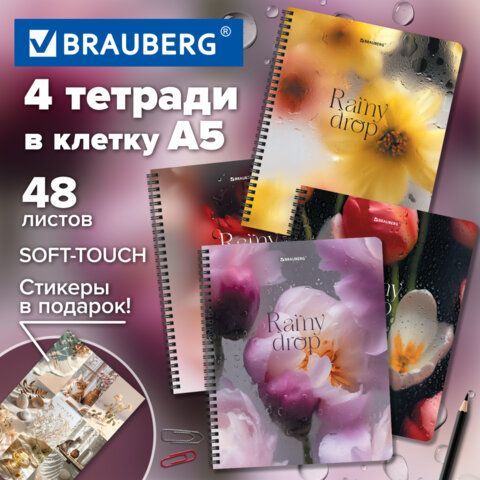 Тетради ДЭК А5 48 л. КОМПЛЕКТ 4 шт., BRAUBERG, гребень, клетка, 80 г/м2, SoftTouch, Aesthetics, 405580