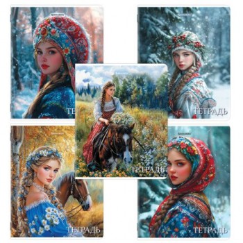 Тетрадь А5, 48 л., BRAUBERG 25 шт., скоба, клетка, глянцевый лак, Русская красавица (микс в спайке), 405649