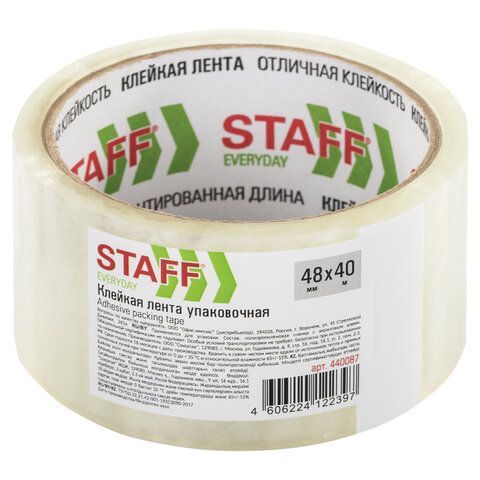 Клейкая лента упаковочная 48 мм x 40 м, прозрачная, толщина 40 микрон, STAFF 6 шт., 440087