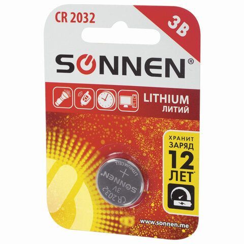 Батарейка SONNEN 10 шт. Lithium, CR2032, литиевая, 1 шт., в блистере, 451974