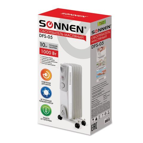 Обогреватель масляный SONNEN DFS-05, 1000 Вт, 5 секций, белый, 453497