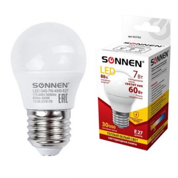 Лампа светодиодная SONNEN, 7 (60) Вт, цоколь E27, шар, теплый белый свет, 30000 ч, LED G45-7W-2700-E27, 453703