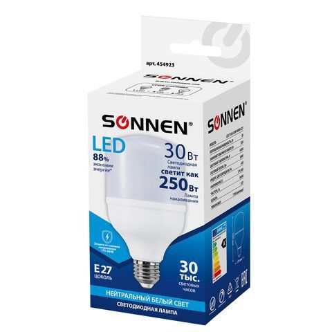 Лампа светодиодная SONNEN, 30 (250) Вт, цоколь Е27, цилиндр, нейтральный белый, 30000 ч, LED Т100-30W-4000-E27, 454923