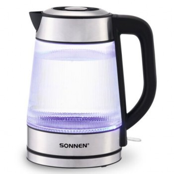 Чайник электрический SONNEN KT-6801, 1,8 л, 2200 Вт, термостойкое стекло текстура полоска, внутренняя подсветка синяя, нерж. сталь, 455143