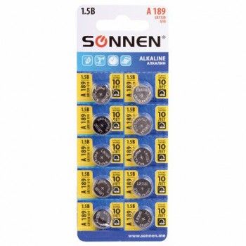 Батарейка алкалиновая "таблетка" 1 шт., SONNEN 10 шт. Alkaline, 189A (G10, LR54), блистер, отрывной блок, 455602