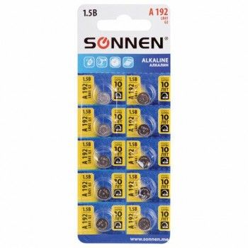 Батарейка алкалиновая "таблетка" 1 шт., SONNEN 10 шт. Alkaline, 192A (G3, LR41), блистер, отрывной блок, 455603