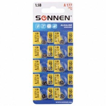 Батарейка алкалиновая "таблетка" 1 шт., SONNEN 10 шт. Alkaline, 177A (G4, LR66), блистер, отрывной блок, 455604