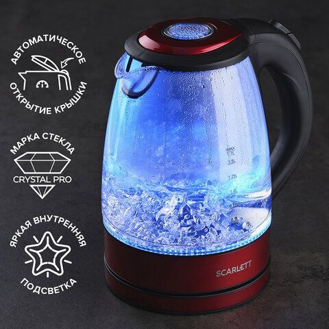 Чайник SCARLETT SC-EK27G99, 1,7 л, 2200 Вт, закрытый нагревательный элемент, стекло, красный