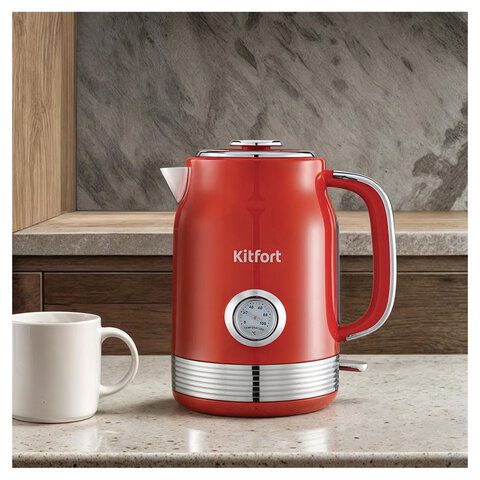 Чайник KITFORT КТ-6791, 1,7л, 2200Вт, закрытый нагревательный элемент, термометр, сталь, красный
