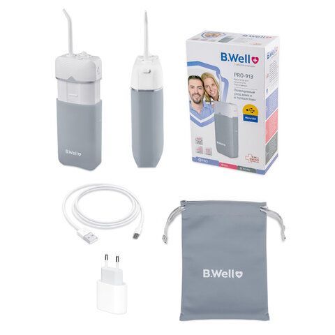 Ирригатор для полости рта B.WELL PRO-913, портативный, емкость резервуара 0,15 л, 1 насадка, бело-серый