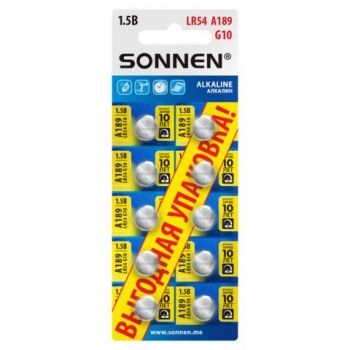 Батарейки алкалиновые "таблетка" КОМПЛЕКТ 10 шт., SONNEN 3 шт. Alkaline 189A (G10, LR54), в блистере, 457136