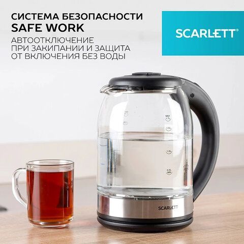 Чайник SCARLETT SC-EK27G10, 1,8л, 1800Вт, закрытый нагревательный элемент, стекло, че