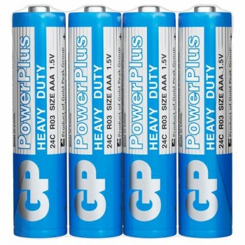 Батарейки КОМПЛЕКТ 4 шт. GP PowerPlus AAA (R03, 24G), солевые, мизинчиковые, в пленке, 24CEBRA-2S4