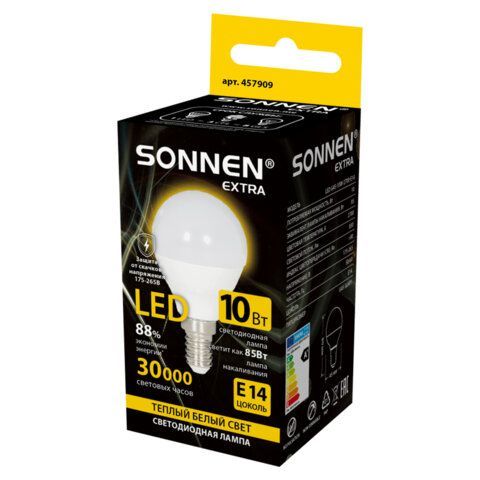Лампа светодиодная SONNEN 20 шт. EXTRA, 10 (85) Вт, E14, шар, теплый белый, 30000 ч, LED G45-10W-2700-Е14, 457909