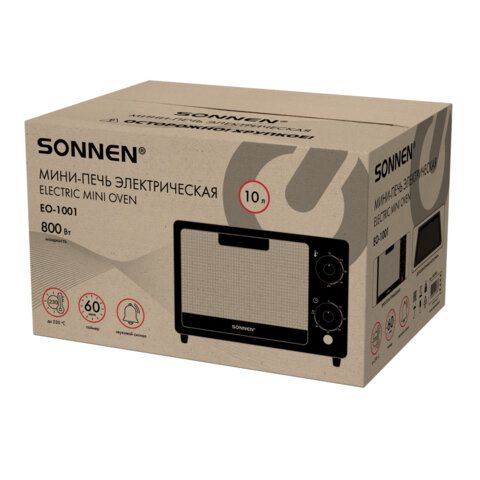 Мини-печь электрическая SONNEN EO-1001, 800 Вт, 10 л, таймер, нагрев до 230 C, черная, 458308