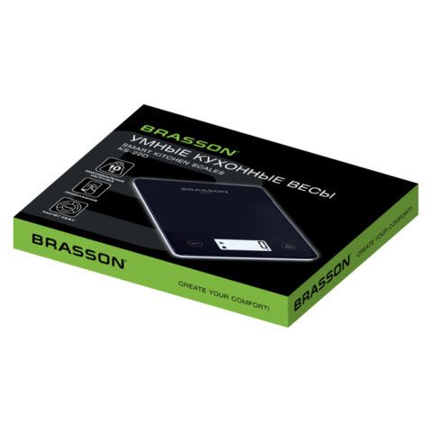 Весы кухонные УМНЫЕ BRASSON KS-22D, до 10кг, КБЖУ, приложение, стекло, черные, 458446