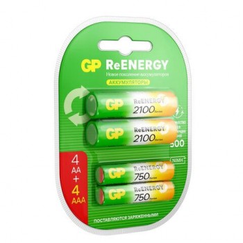 Батарейки аккумуляторные GP ReEnergy Ni-Mh НАБОР 8 шт (ПРОМО 4+4) AA+ААА (HR6+HR03) 2000mAh+750mAh, 210AAHC/75AAAHC