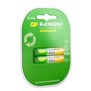 Батарейки аккумуляторные GP ReEnergy Ni-Mh мизинчиковые КОМПЛЕКТ 2 шт ААА (HR03) 650, 65AAAHCRGY-2CRC