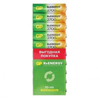 Батарейки аккумуляторные GP ReEnergy Ni-Mh пальчиковые КОМПЛЕКТ 10 шт АА (HR6) 2600 m, 270AAHC-CRB10