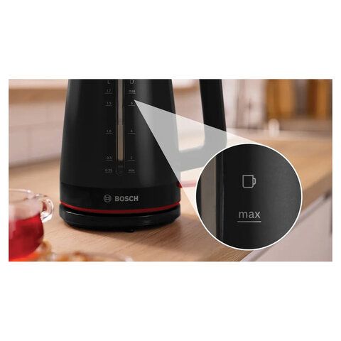 Чайник BOSCH TWK3M123, 1,7л, 2400Вт, закрытый нагревательный элемент, пластик, черный