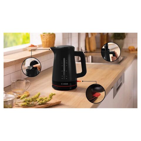 Чайник BOSCH TWK3M123, 1,7л, 2400Вт, закрытый нагревательный элемент, пластик, черный