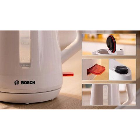 Чайник BOSCH TWK1M121, 1,7л, 2400Вт, закрытый нагревательный элемент, белый
