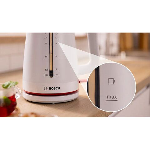 Чайник BOSCH TWK3M121, 1,7л, 2400Вт, закрытый нагревательный элемент, пластик, белый