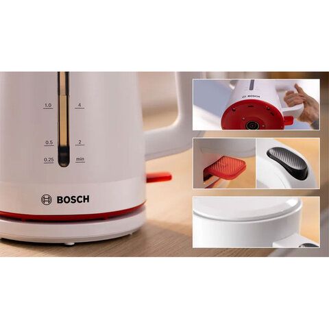 Чайник BOSCH TWK3M121, 1,7л, 2400Вт, закрытый нагревательный элемент, пластик, белый