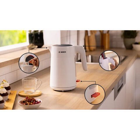 Чайник BOSCH TWK2M161, 1,7л, 2400Вт, закрытый нагревательный элемент, белый