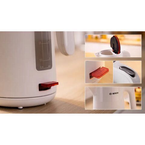 Чайник BOSCH TWK2M161, 1,7л, 2400Вт, закрытый нагревательный элемент, белый