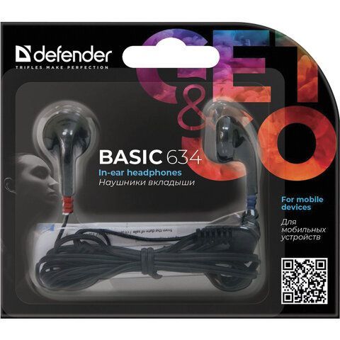 Наушники DEFENDER Basic 634, проводные, 1,1 м, стерео, вкладыши, черные, 63634