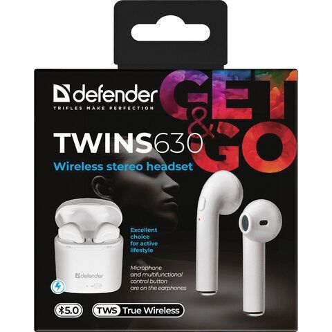 Наушники с микрофоном (гарнитура) DEFENDER TWINS 630, Bluetooth, беспроводные, белые, 63630