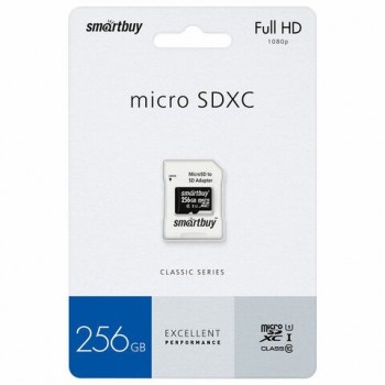 Карта памяти microSDXC 256GB SMARTBUY, UHS-I, 90 Мб/сек (class 10), с адаптером, SB25, SB256GBSDCL10