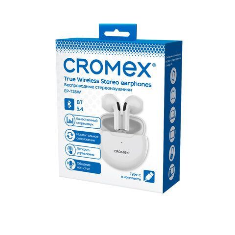 Наушники беспроводные TWS вкладыши с микрофоном, CROMEX EP-T28W, bluetooth 5.4, белые, 514121
