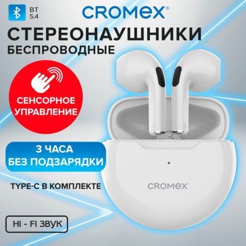 Наушники беспроводные TWS вкладыши с микрофоном, CROMEX EP-T28W, bluetooth 5.4, белые, 514121