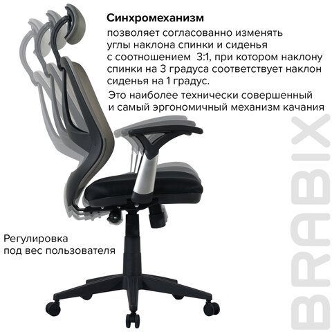 Кресло BRABIX &quot;Saturn ER-400&quot;, с подголовником, комбинированное, черное/серое, 530871