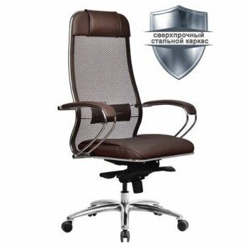 Кресло офисное МЕТТА "SAMURAI" SL-1.04, сверхпрочная ткань-сетка/экокожа, темно-коричневое