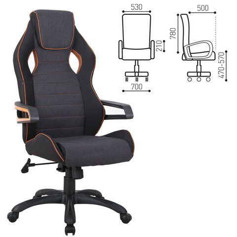 Кресло компьютерное BRABIX &quot;Techno Pro GM-003&quot;, ткань, черное/серое, вставки оранжевые, 531813