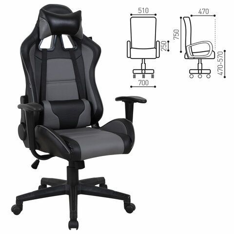 Кресло компьютерное BRABIX &quot;GT Racer GM-100&quot;, две подушки, экокожа, черное/серое, 531926