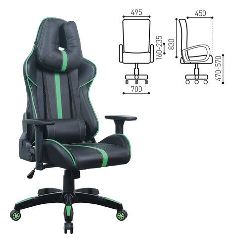 Кресло компьютерное BRABIX &quot;GT Carbon GM-120&quot;, две подушки, экокожа, черное/зеленое, 531929