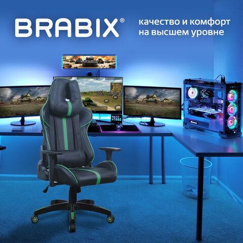 Кресло компьютерное BRABIX &quot;GT Carbon GM-120&quot;, две подушки, экокожа, черное/зеленое, 531929