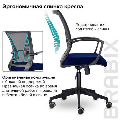 Кресло BRABIX &quot;Wings MG-309&quot;, пластик черный, сетка, черное/синее, 532013