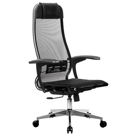 Кресло офисное МЕТТА &quot;К-4-Т&quot; хром, прочная сетка, сиденье и спинка регулируемые, черное